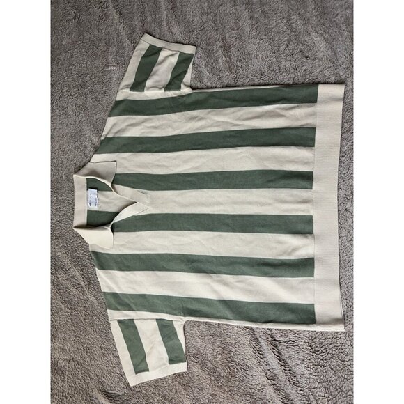 ASOS DESIGN relaxed knit textured notch neck polo shirt in ecru green stripe L - Picture 4 of 12